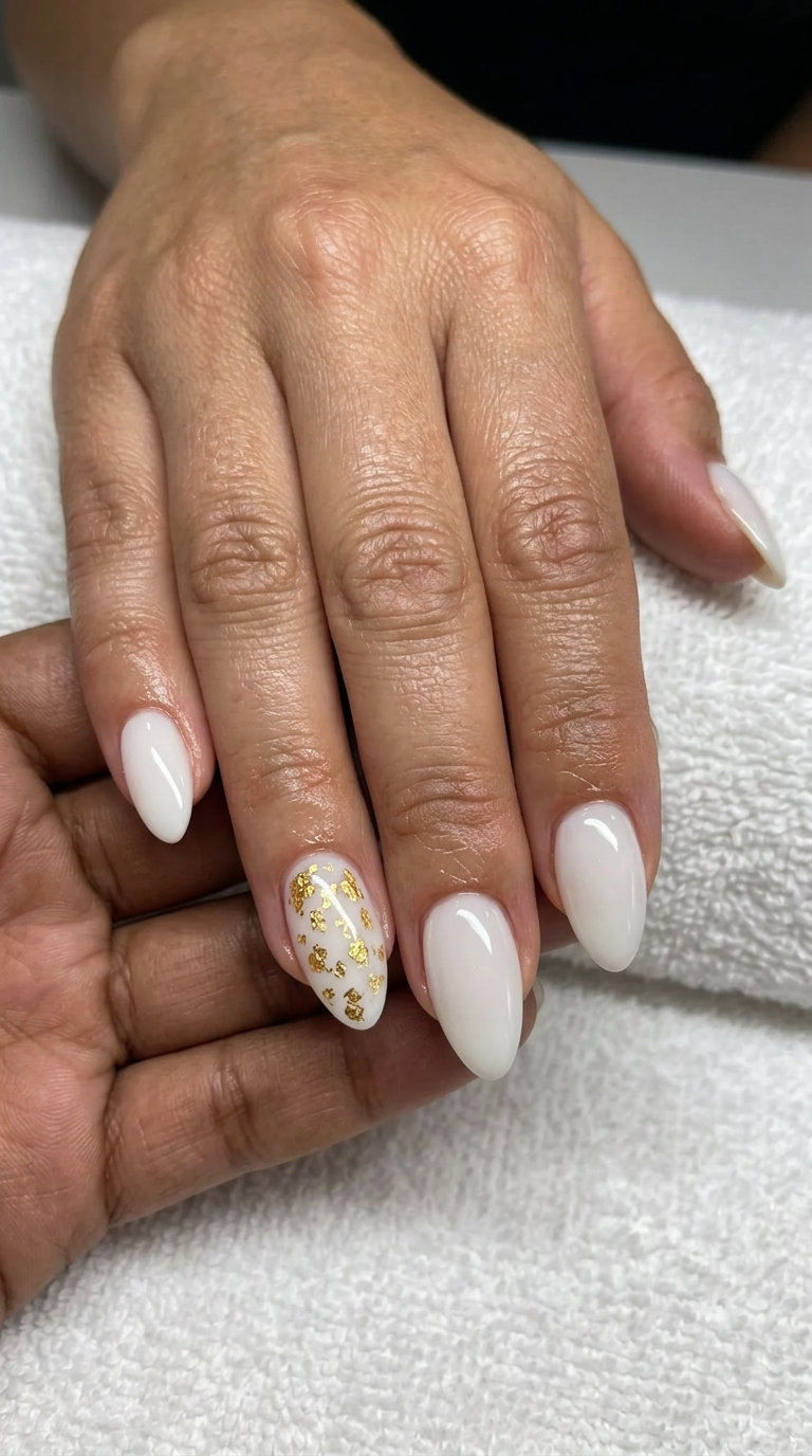 Glamorous milky white nails with scattered gold foil accent. Simple summer acrylic nail designs 2026.
