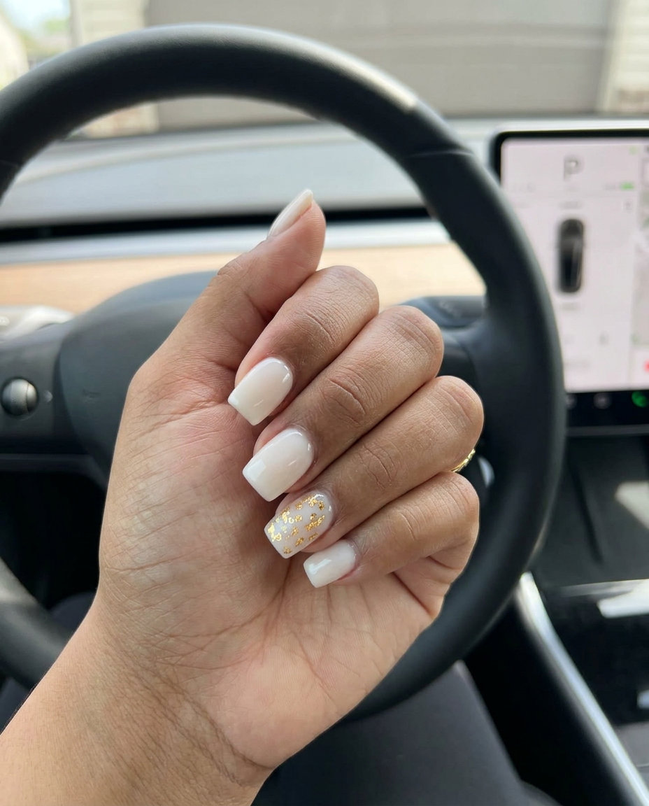 Subtle shine milky accent nails with scattered gold foil on short square acrylics. Chic summer acrylic nail designs 2026.