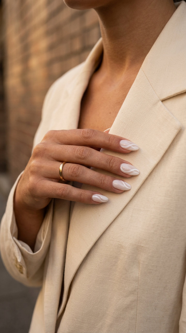 Abstract milky swirl almond acrylic nails for a sophisticated artistic look. Chic summer acrylic nail designs 2026.