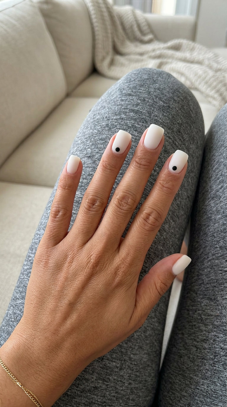 Chic milky white nails with a single black dot accent. Simple summer acrylic nail designs 2026.