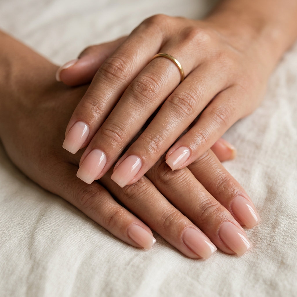 Effortless nude builder gel overlay on natural nails for a polished look. Simple summer acrylic nail designs 2026.