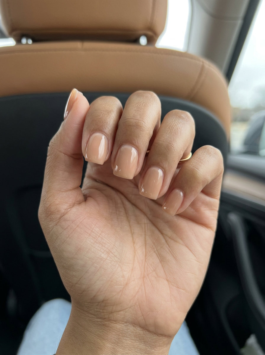 Classic nude square acrylic nails with a warm beige, semi-sheer, glossy finish for a clean-girl look. Simple summer acrylic nail designs 2026.