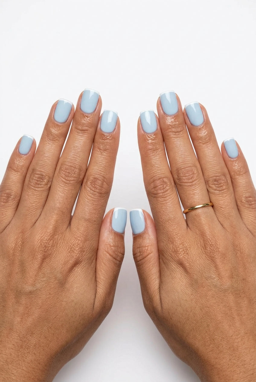 Cool tone micro French acrylic nails with pale blue base and thin white tip. Minimalist summer acrylic nail designs 2026.