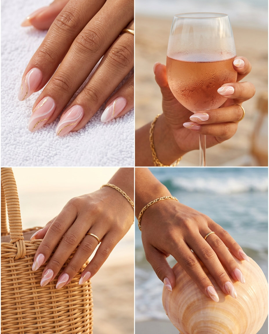 Elegant sheer pink marble almond nails with gold foil. Simple summer acrylic nail designs 2026.