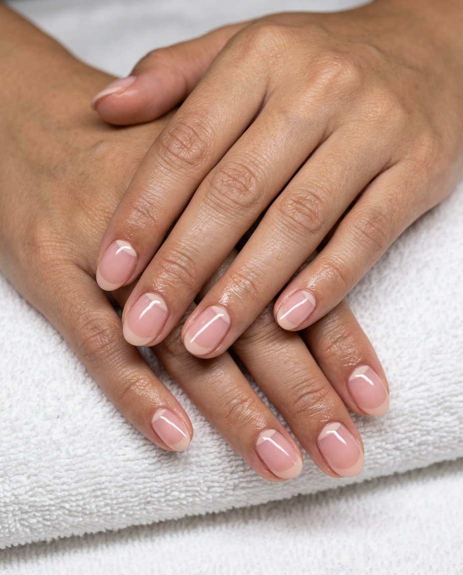Chic sheer pink nails with a nude crescent detail. Simple summer acrylic nail designs 2026.