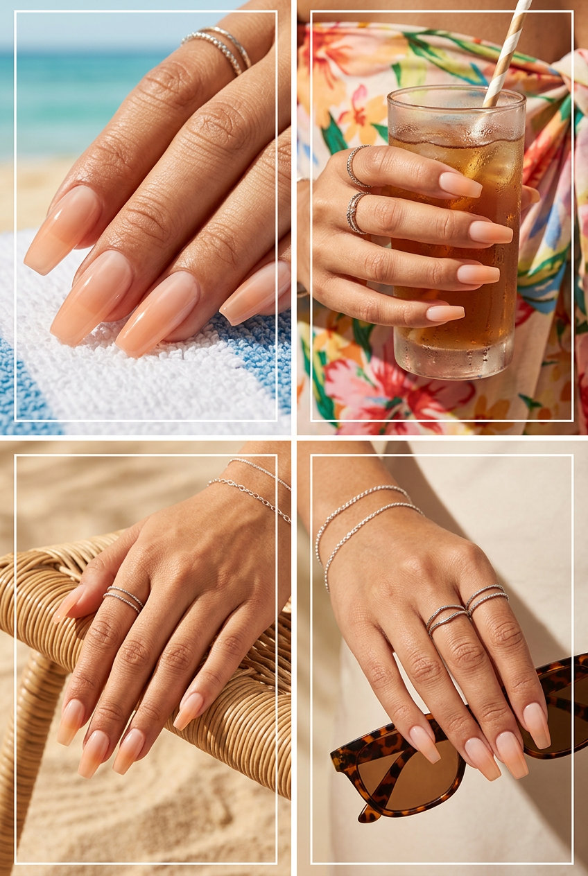 Simple summer acrylic nail designs 2026: Sunset peach gradient coffin nails for vacation.