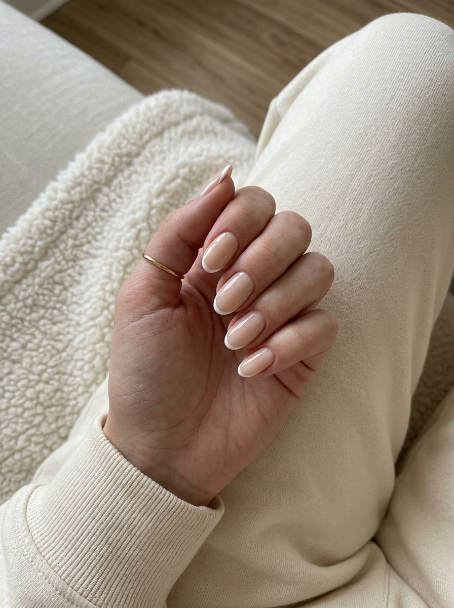 Sophisticated nude nails with a sheer white micro French tip. Simple summer acrylic nail designs 2026.