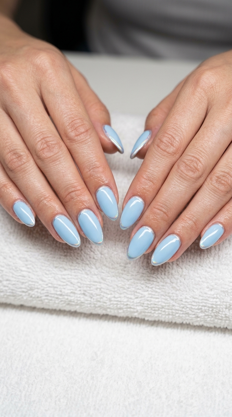 Celestial Chrome Accents: Light sky blue nails with iridescent chrome cuticle detail for festivals & summer events 2026.