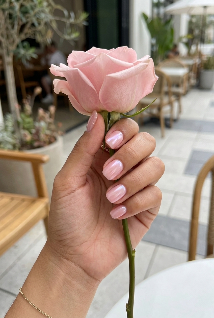 Simple summer nails 2026: Dewdrop pink pearlescent for work and light occasions.
