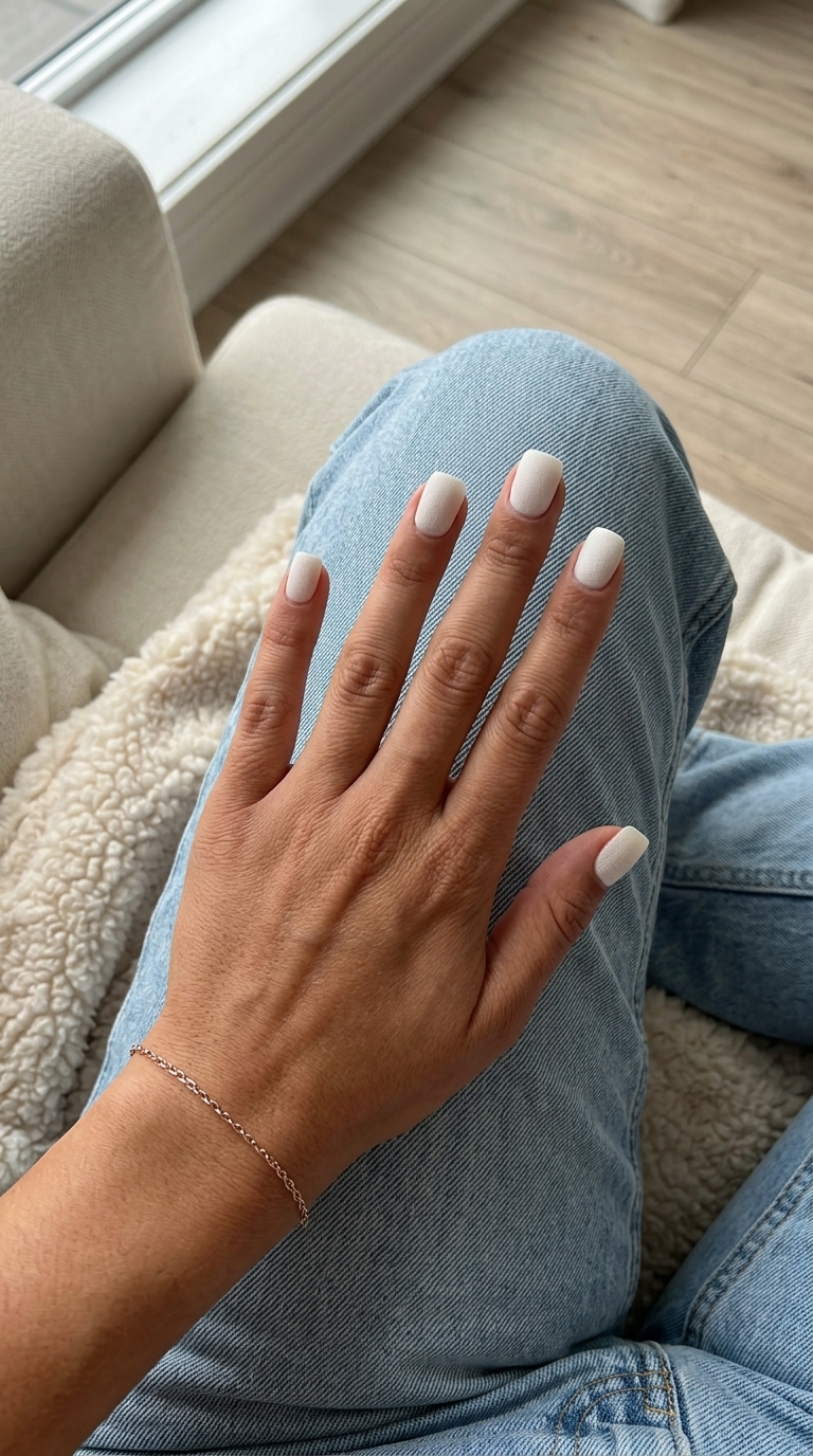 Textured Linen Milky Squoval nails: Minimalist, refined look for office and casual outings in summer 2026.