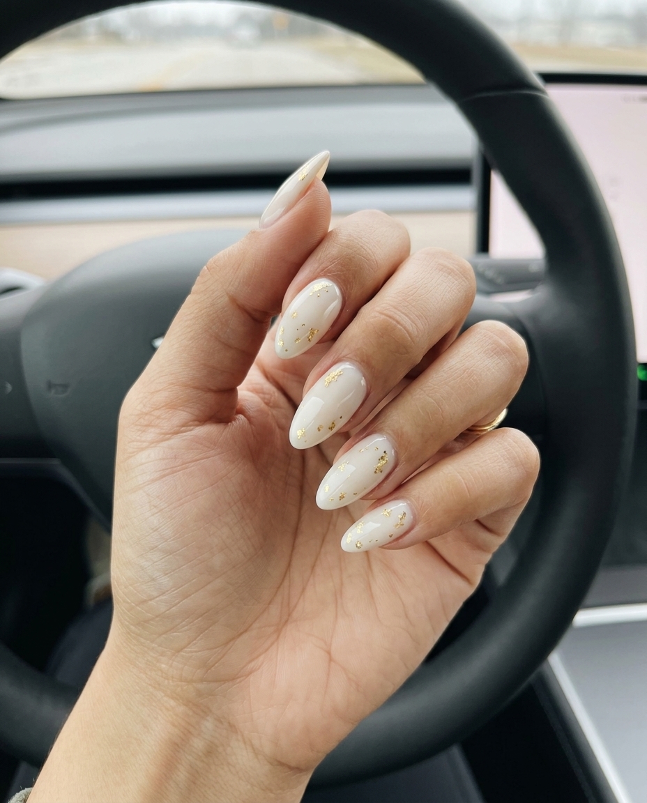 Simple summer nails 2026: Milky white gel with scattered gold foil flakes for vacation.