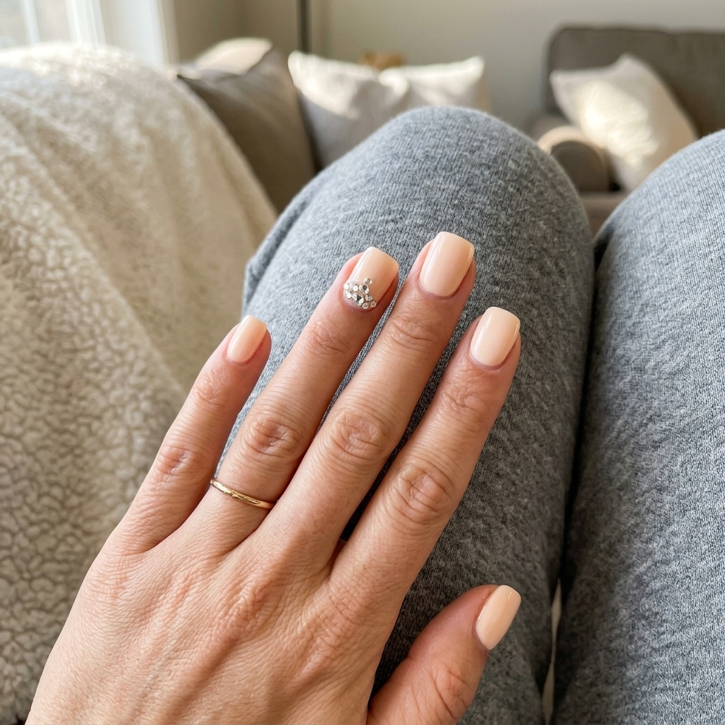 Peach Sparkle Accent Almond nails: pale peach with rhinestones. Glamorous for simple summer nails 2026.