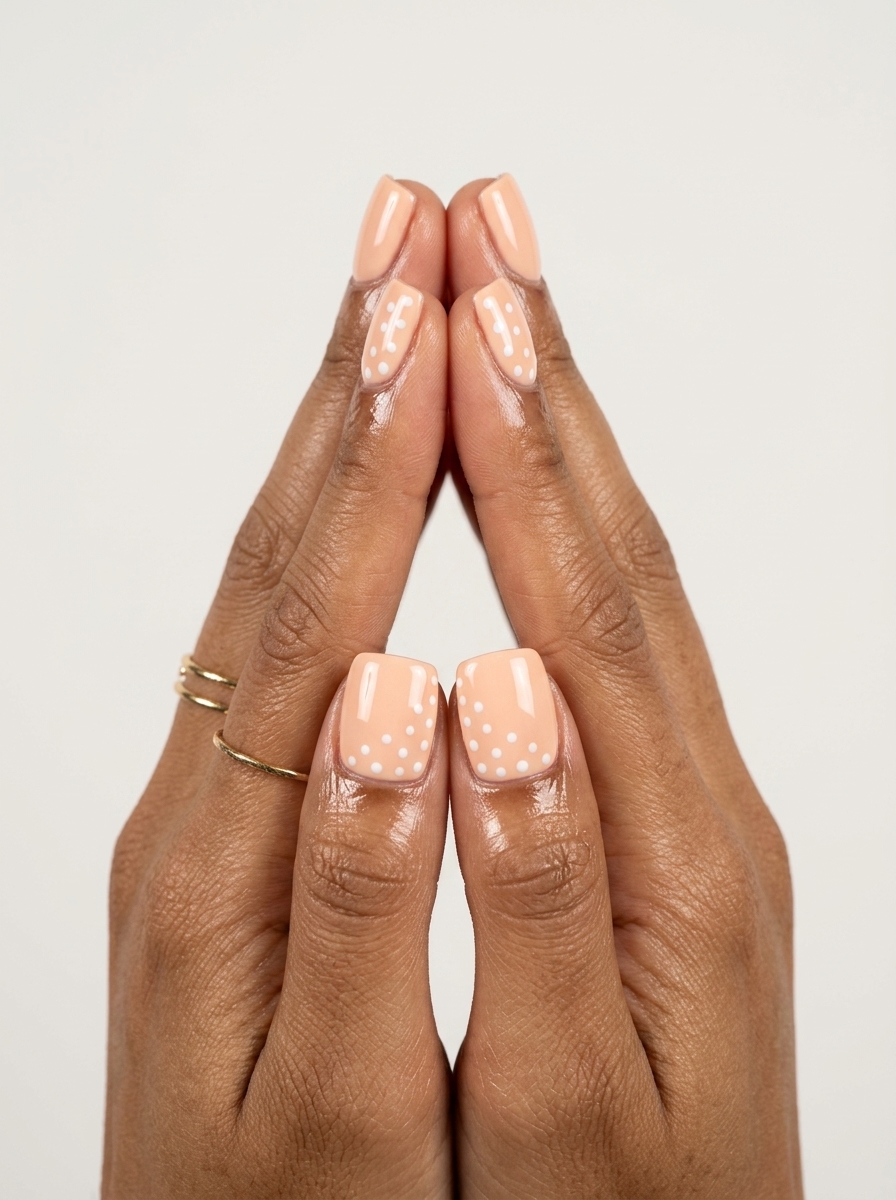 Playful Peach Dots nails: pale peach with white dots. Cute for simple summer nails 2026.