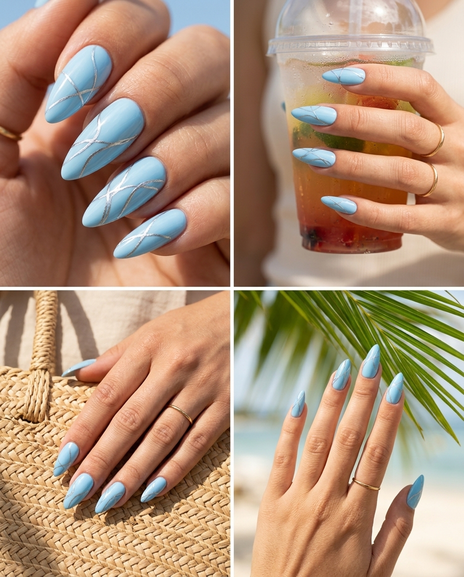 Sky blue linear art stiletto nails for simple summer nails 2026, edgy for parties and festivals.