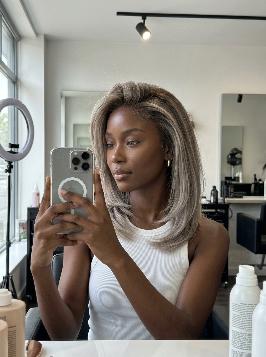 long layered hair ash blonde with smoky ombré, balayage, no fringe — edgy
