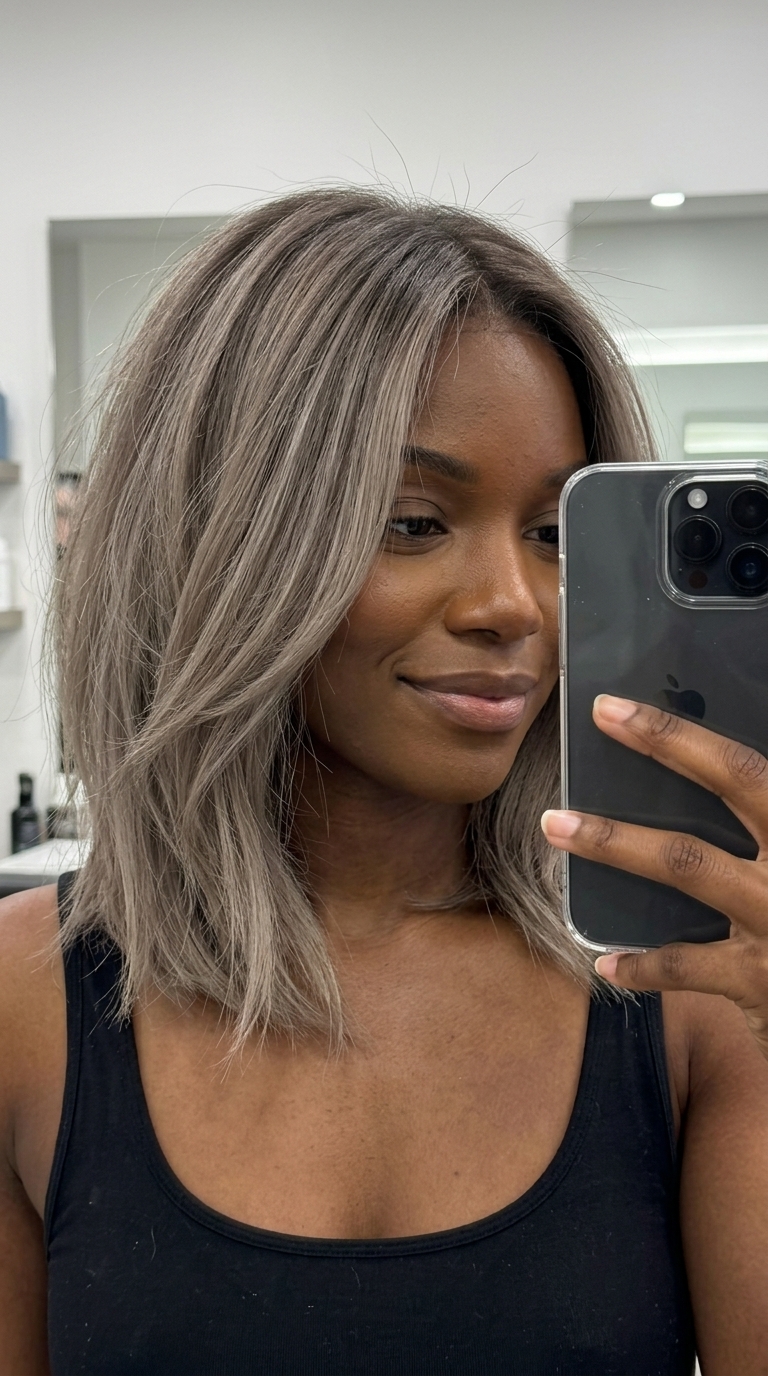 shoulder-length textured lob ash blonde with smoky color melt, foilayage, no fringe — edgy, chic