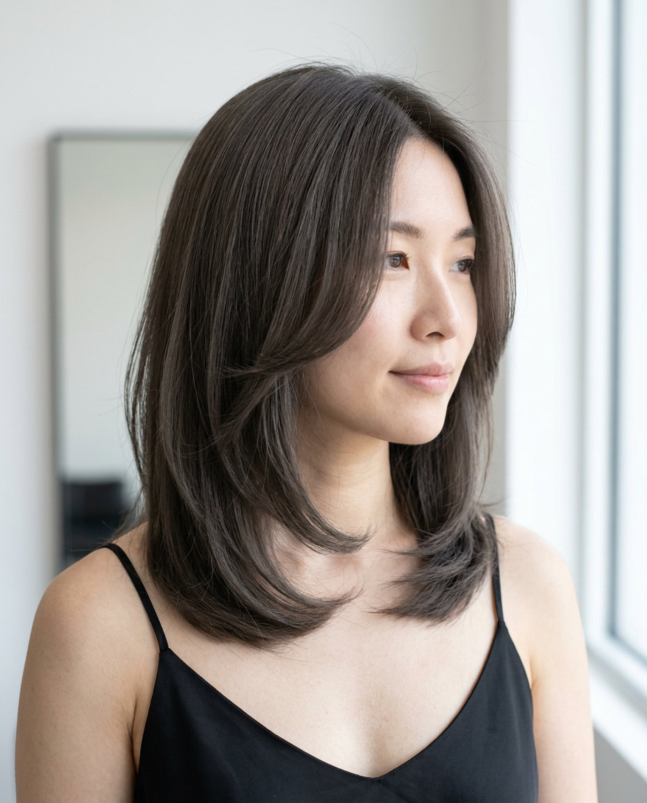 collarbone-length smoky taupe haircut with cool ash undertones, inward-curling layers, face-framing C-shape — professional chic