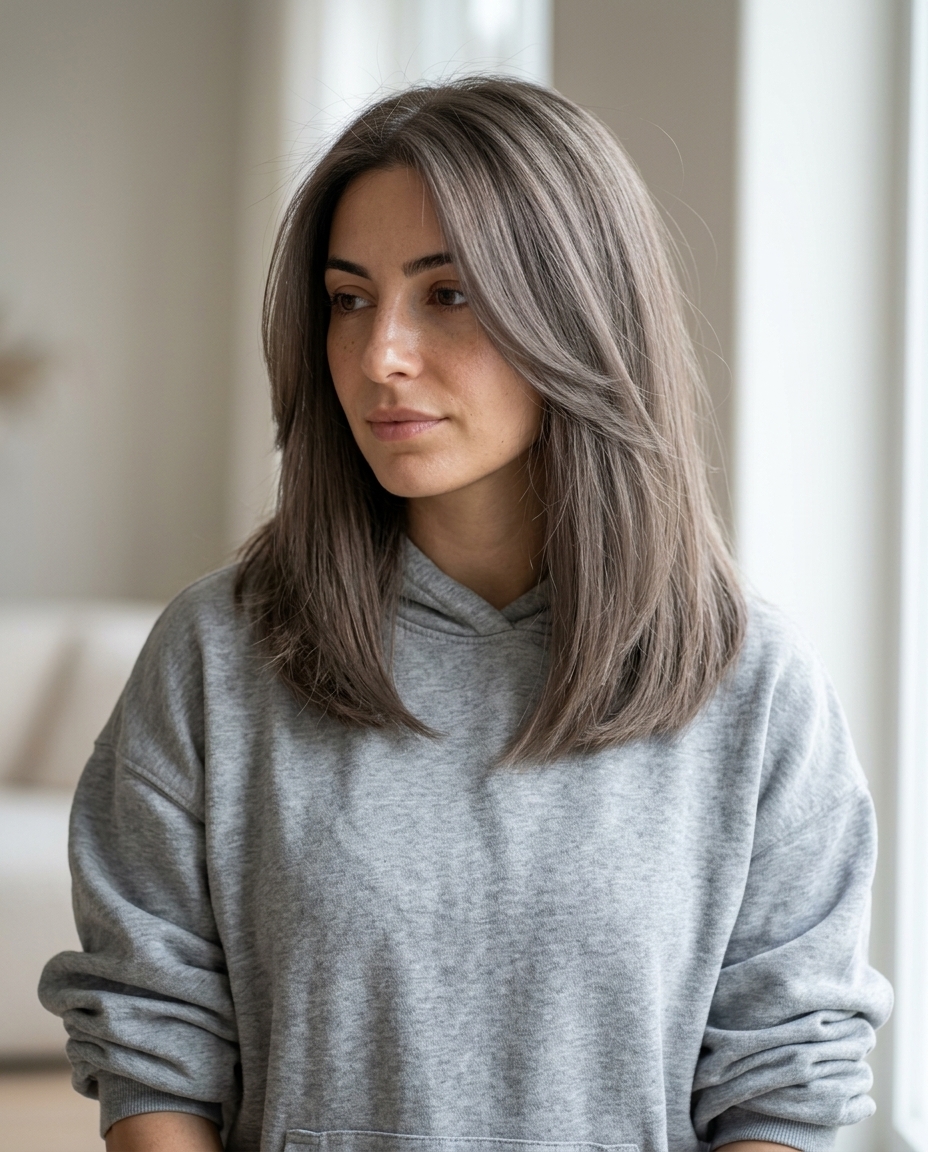 collarbone-length smoky taupe haircut with grey-brown color, soft internal layers, angled face-framing pieces — polished sophisticated