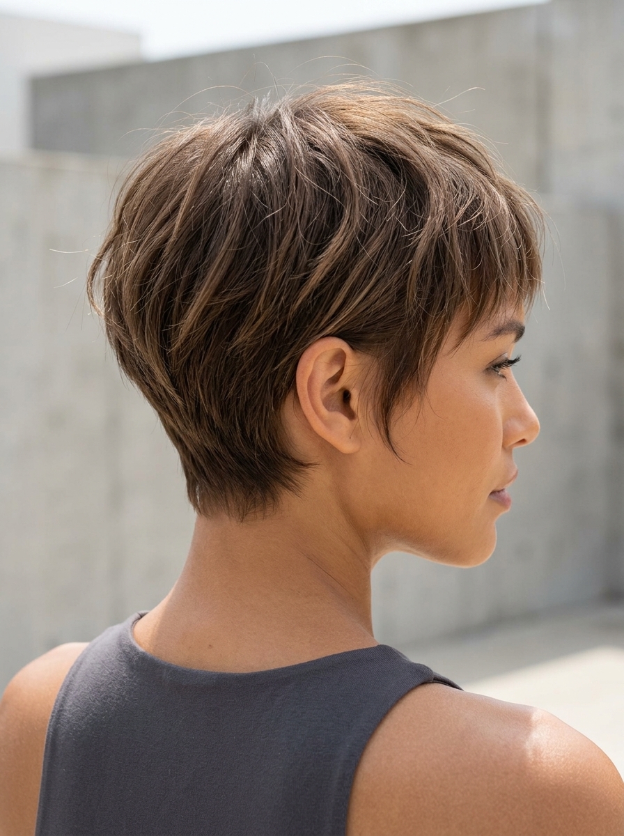 short razored pixie haircut with soft brown & balayage, wispy fringe — effortless summer
