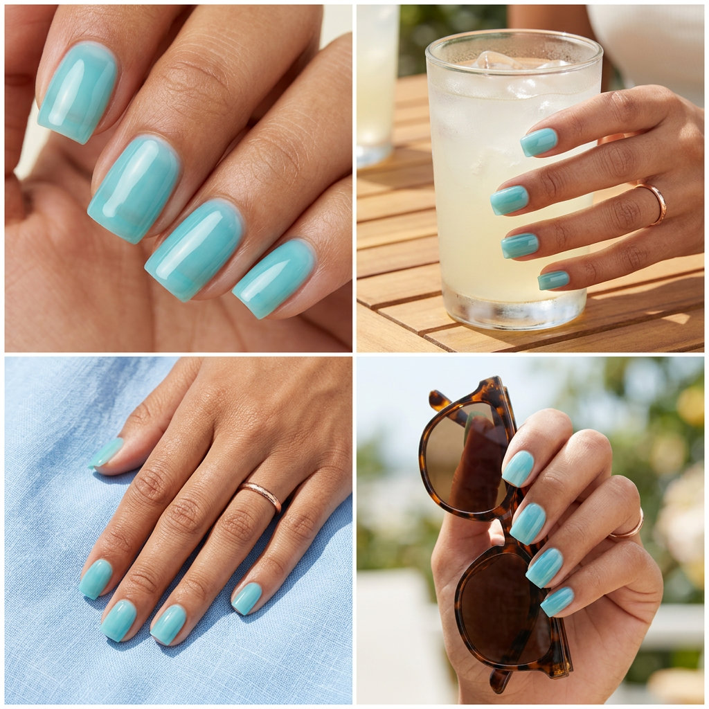 Aqua Jelly Sheer Square nails for daily wear, a refreshing solid summer nails 2026 clean-girl aesthetic with a blue tint.