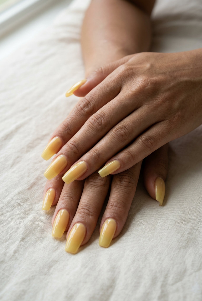 Whimsical butter yellow jelly coffin nails for festivals and summer casual wear. Solid summer nails 2026.