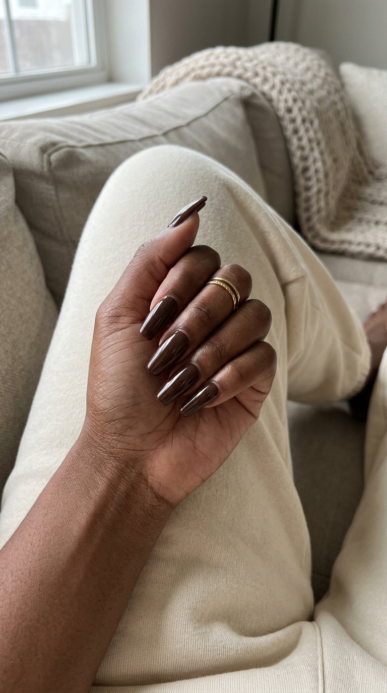Sophisticated chocolate brown glossy coffin nails for daily wear and evening outs. Solid summer nails 2026.