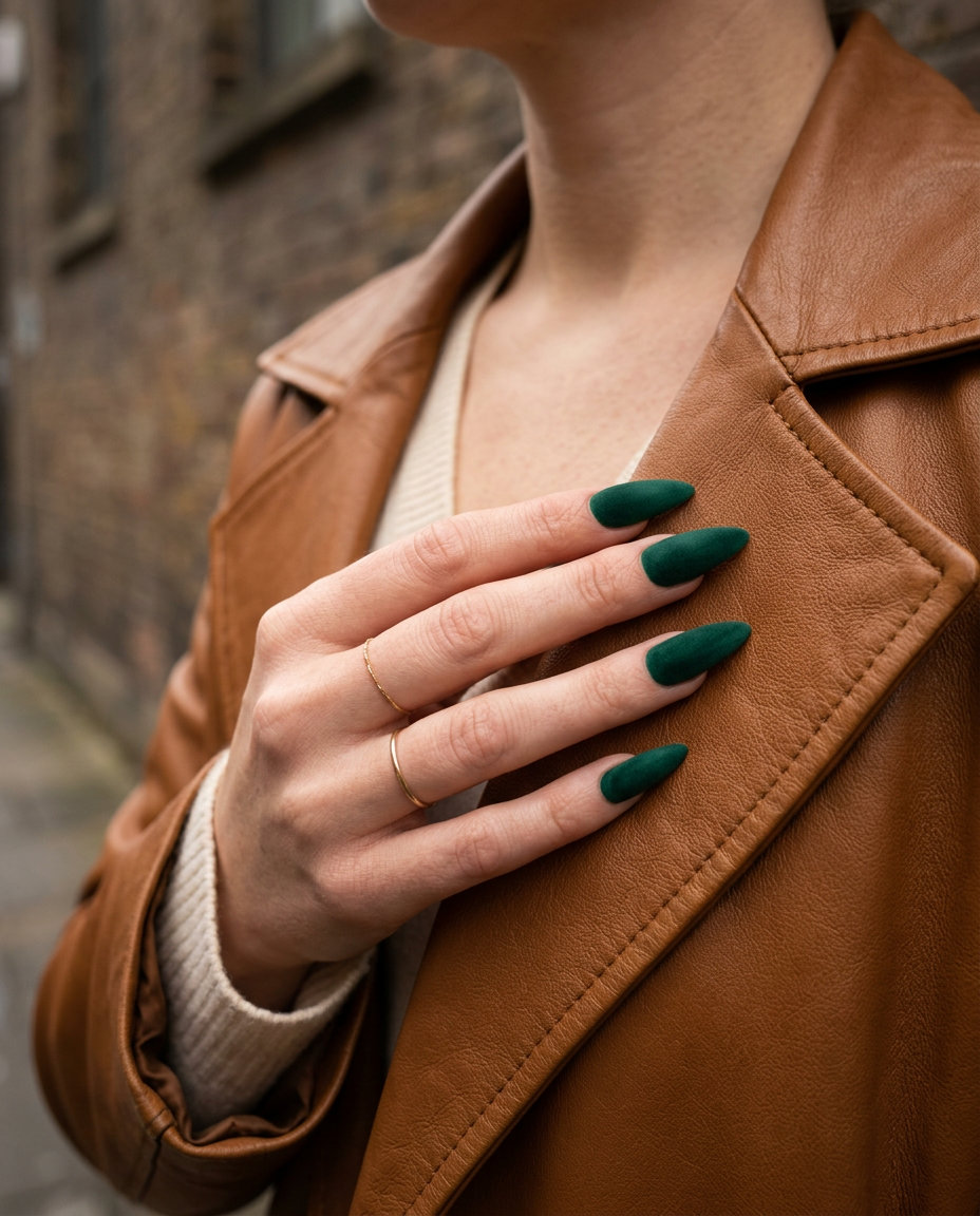 Luxurious emerald green velvet stiletto nails for formal events and date nights. Solid summer nails 2026.