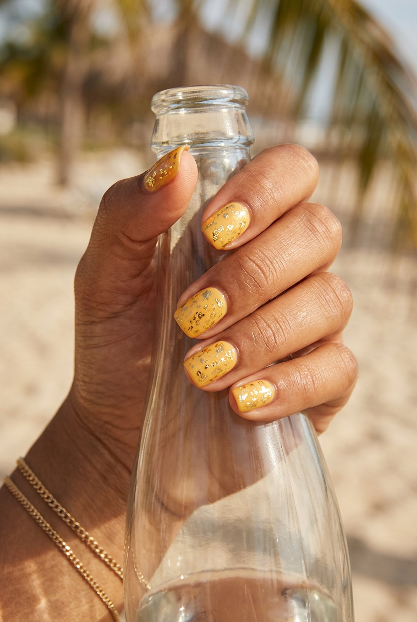 Golden Yellow Foil Flakes nails for festivals, a joyful solid summer nails 2026 style with metallic gold accents.