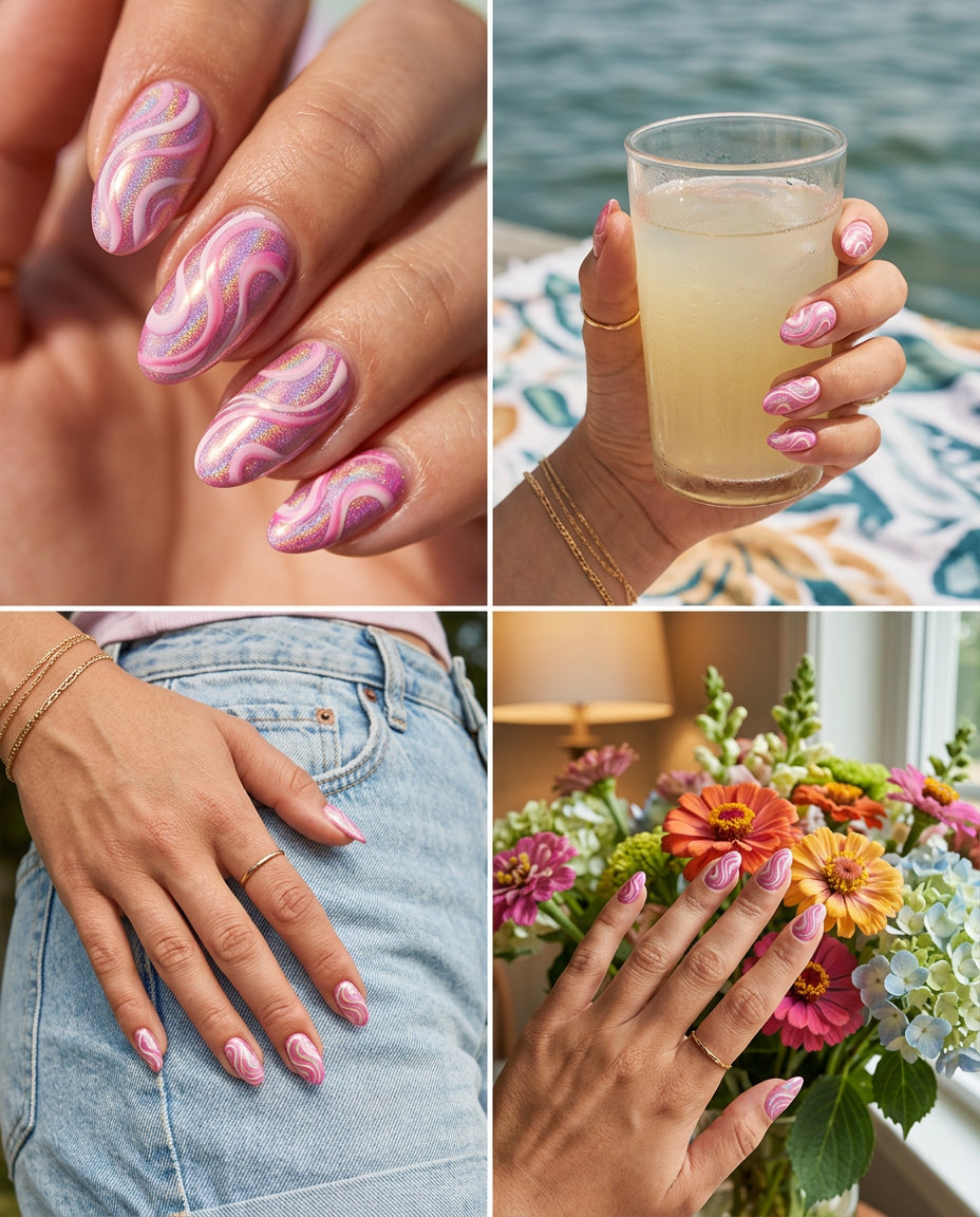 Whimsical holographic pink swirl nails for festivals. Solid summer nails 2026.