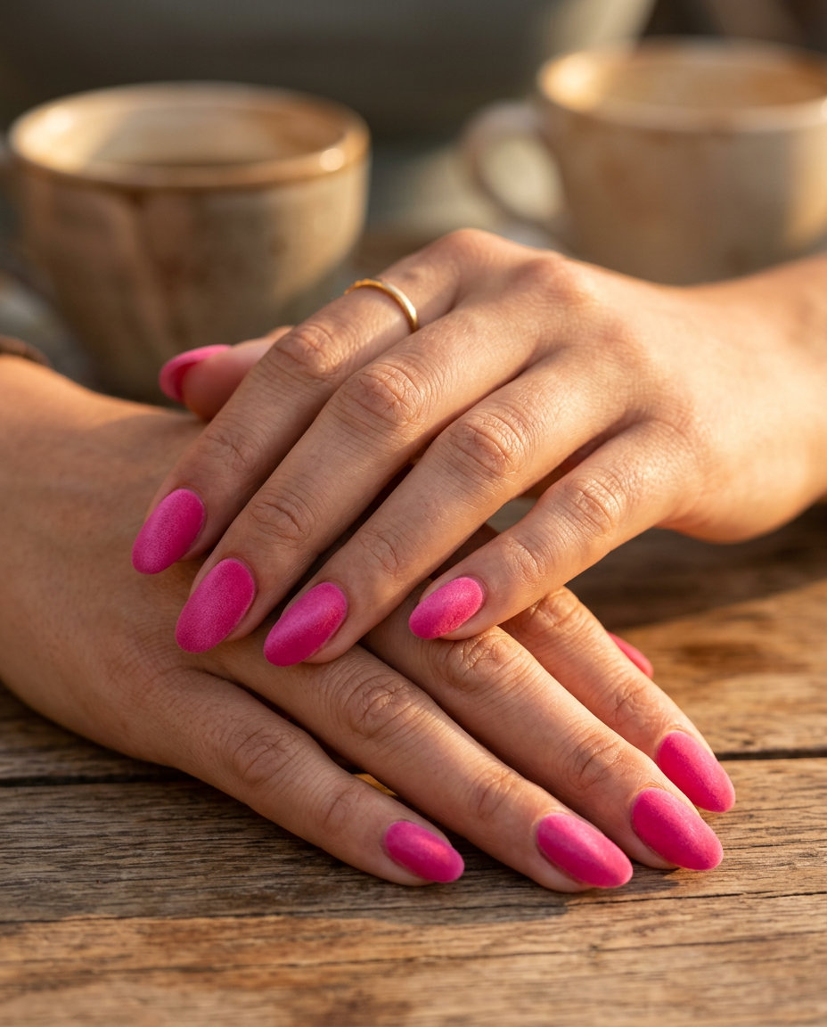 Bold hot pink velvet oval nails for summer parties and evening outs. Solid summer nails 2026.