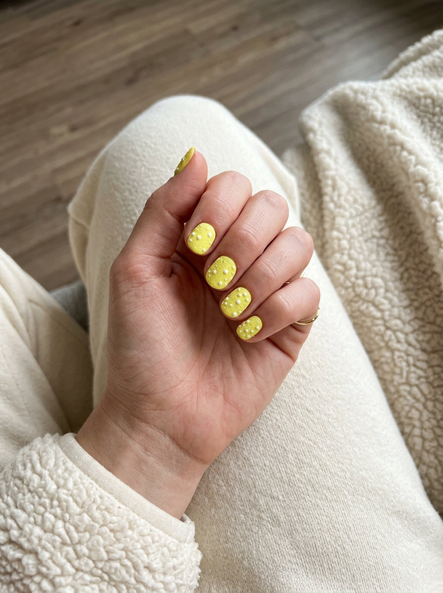 Playful lemon textured polka dot nails for a summer picnic. Solid summer nails 2026.