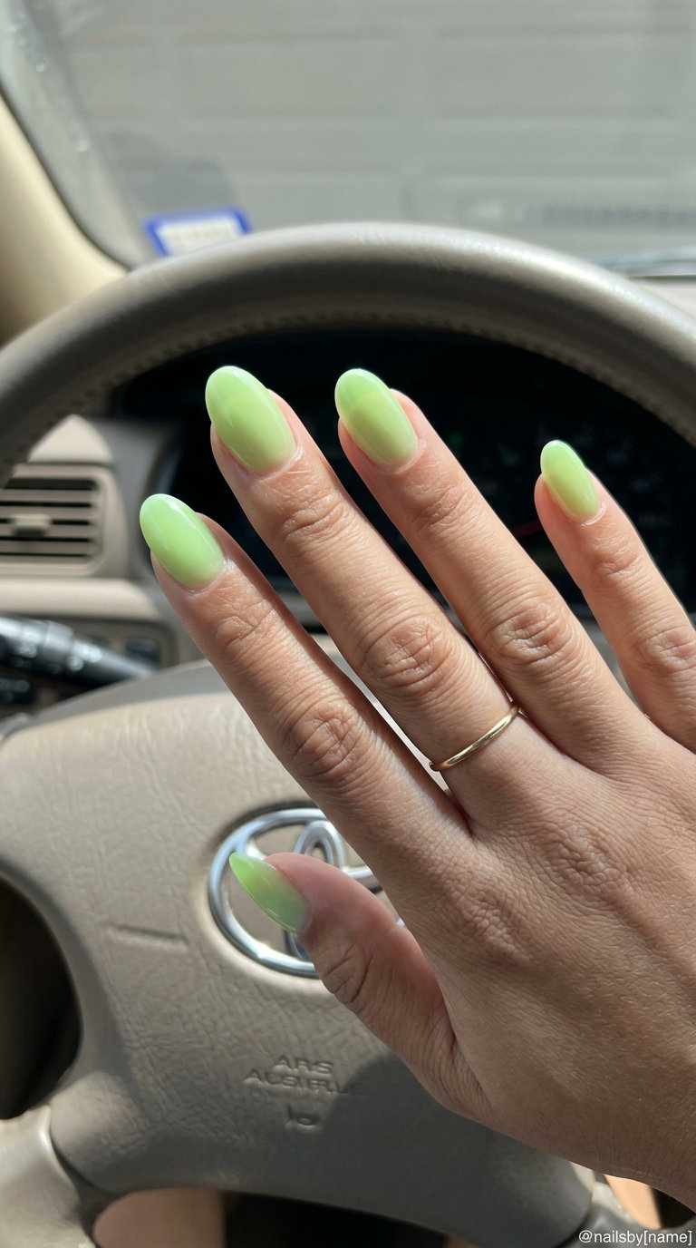 Playful milky lime green squoval nails for casual weekend wear and brunch. Solid summer nails 2026.