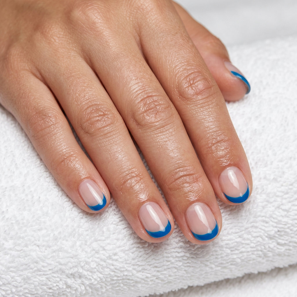Effortless ocean blue micro-French nails for beach days. Solid summer nails 2026.