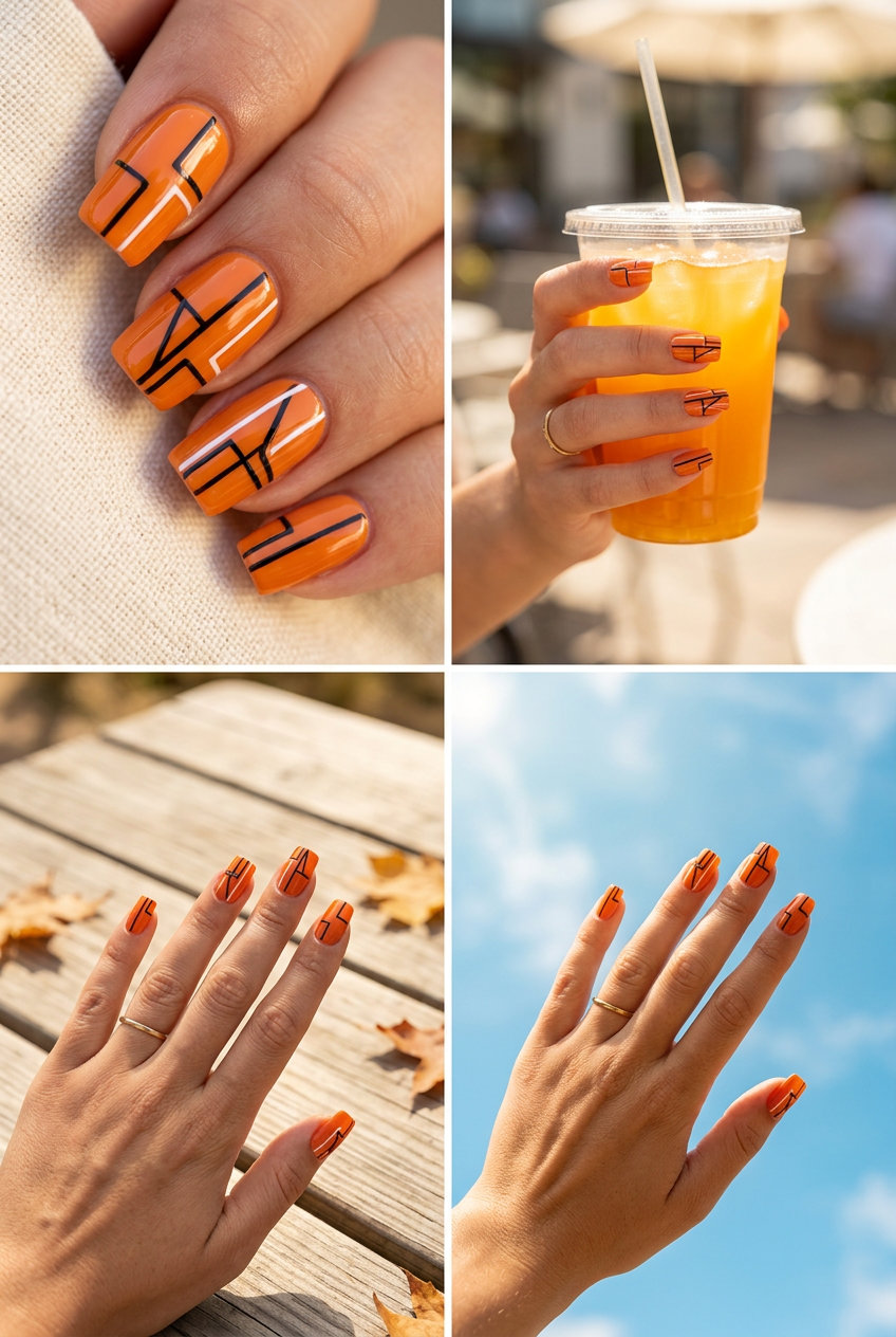 Edgy orange geometric abstract line nails for a bold party look. Solid summer nails 2026 inspiration.