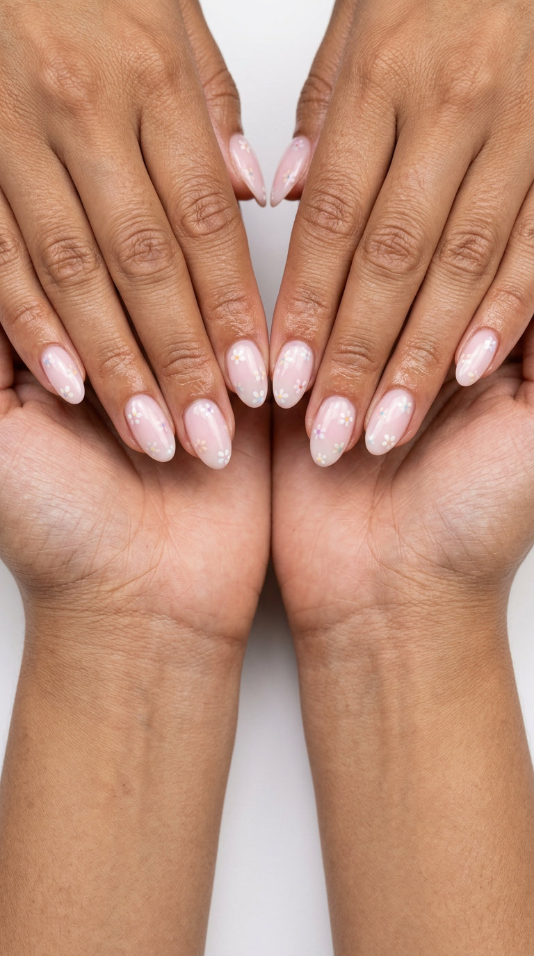 Romantic pastel pink milky bath floral nails for weddings. Solid summer nails 2026.