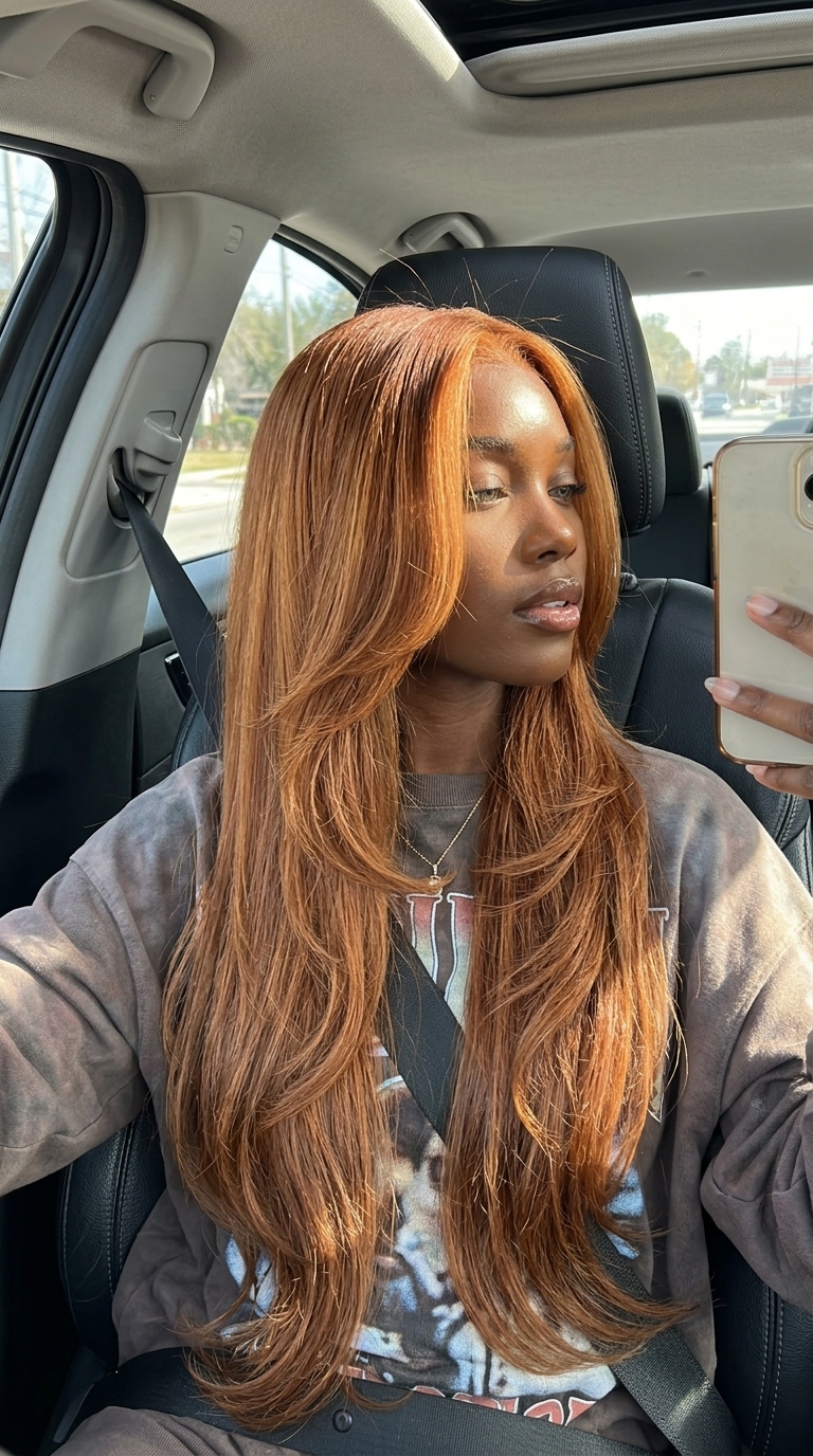 ultra-long spiced cider auburn haircut with golden-cinnamon undertones, seamless internal layers, no bangs — romantic summer wedding guest