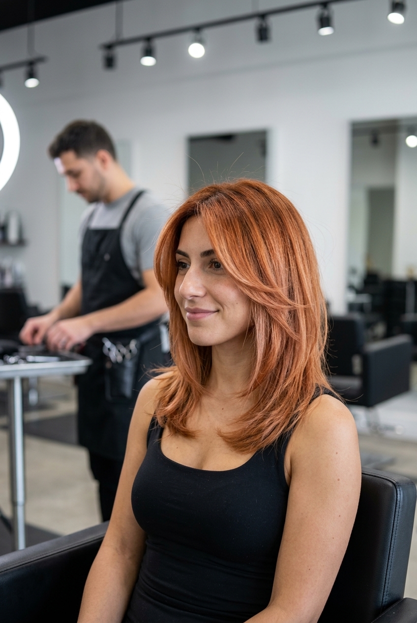 medium kitty cut haircut in spiced copper with strawberry blonde accents, no fringe — bold summer festival