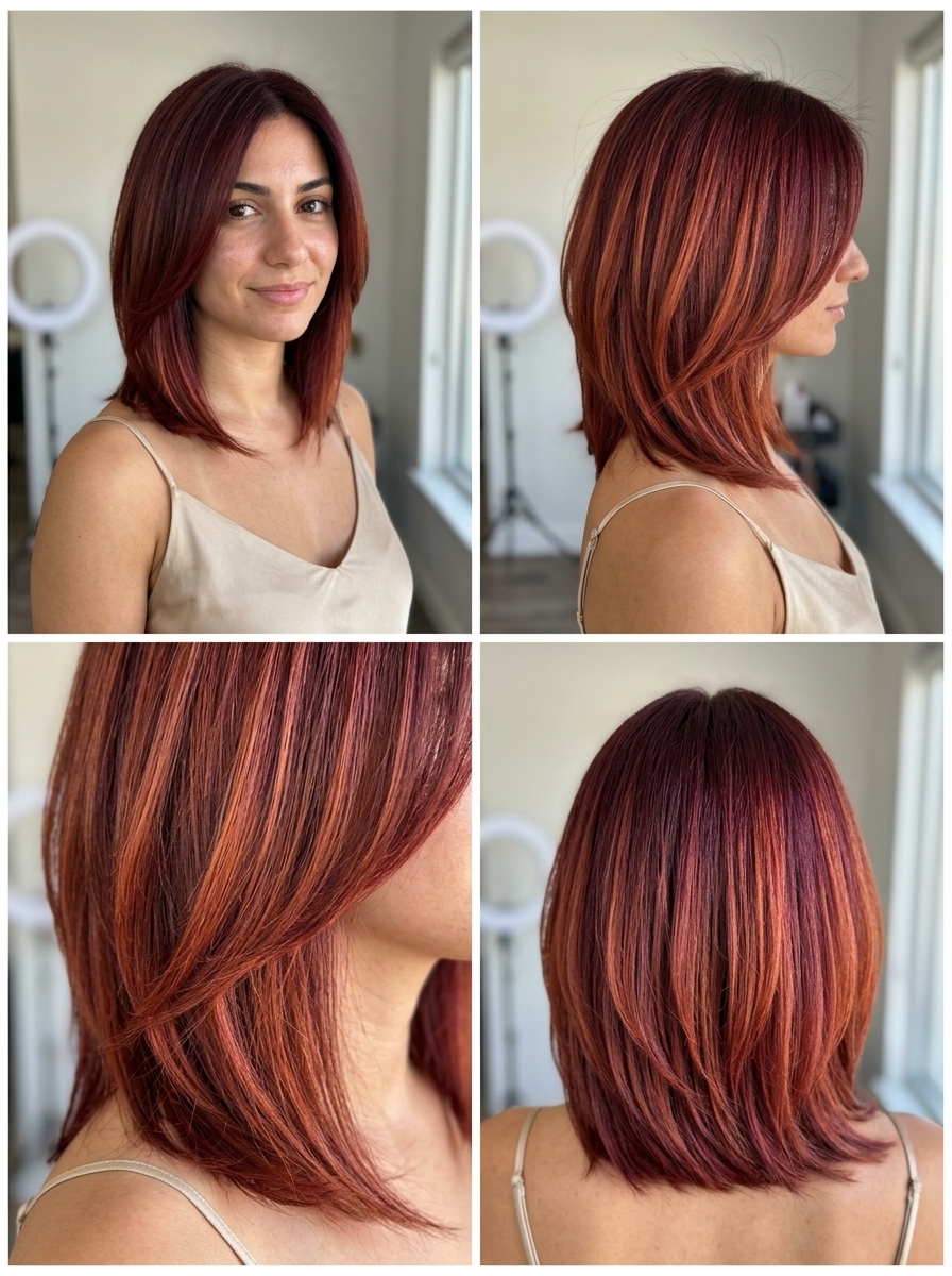 long sweeping layered haircut with spiced sangria balayage and copper-ruby accents for festivals