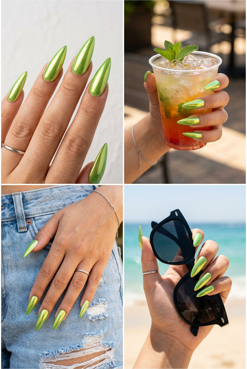 Acid Wash Chrome Stiletto nails for festival fashion 2026. Lime green chrome, iridescent shift, high-shine finish.