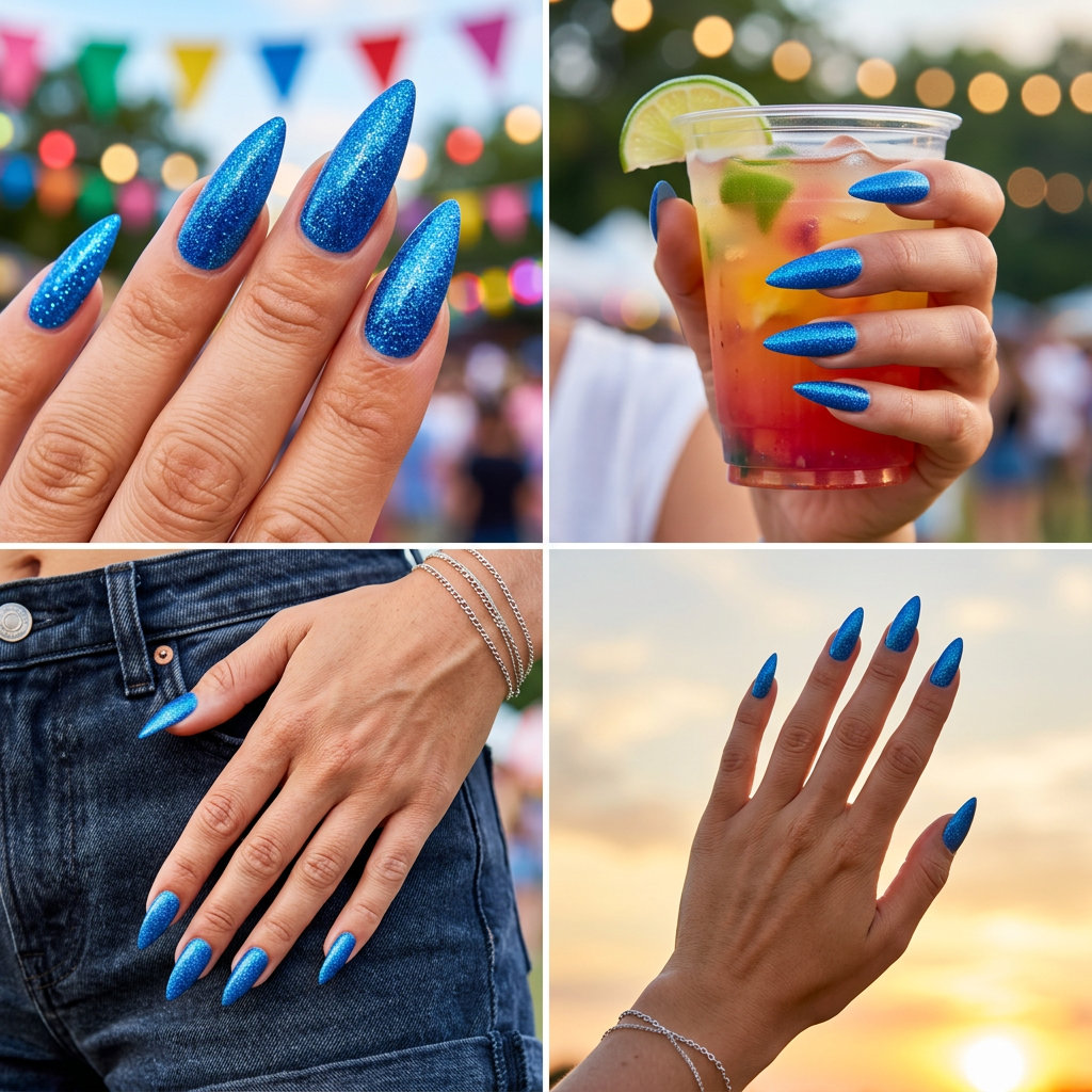 Energetic electric blue glitter stiletto nails for festivals and nights out. Stiletto summer nails 2026.