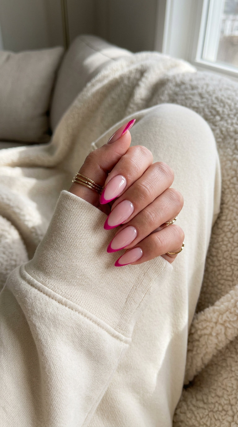 Fuchsia Outline Stiletto nails for parties 2026. Bold, modern, edgy summer social style with sheer pink.