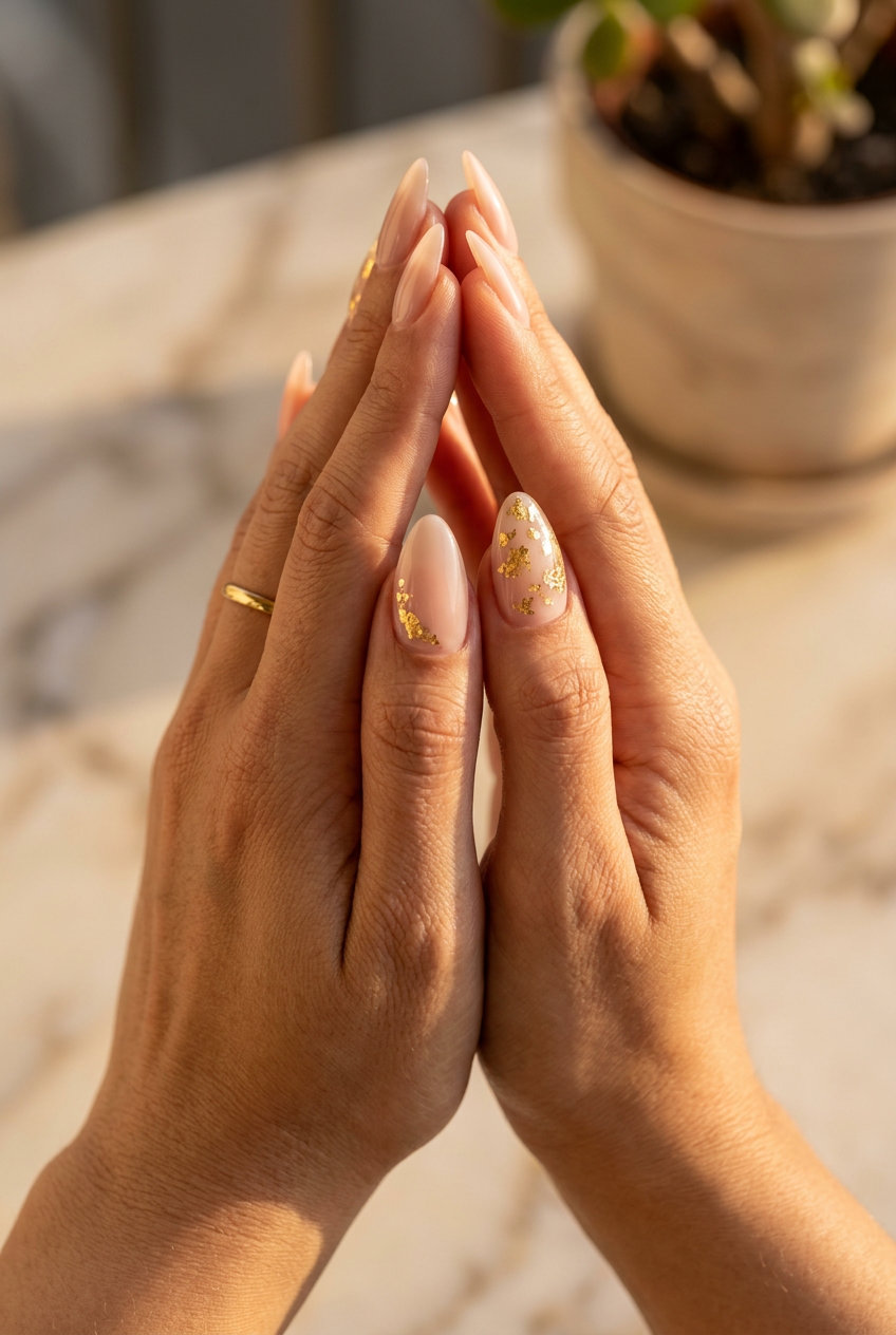 Sheer Nude with Gold Leaf Accent stiletto nails for weddings & formal events in 2026.