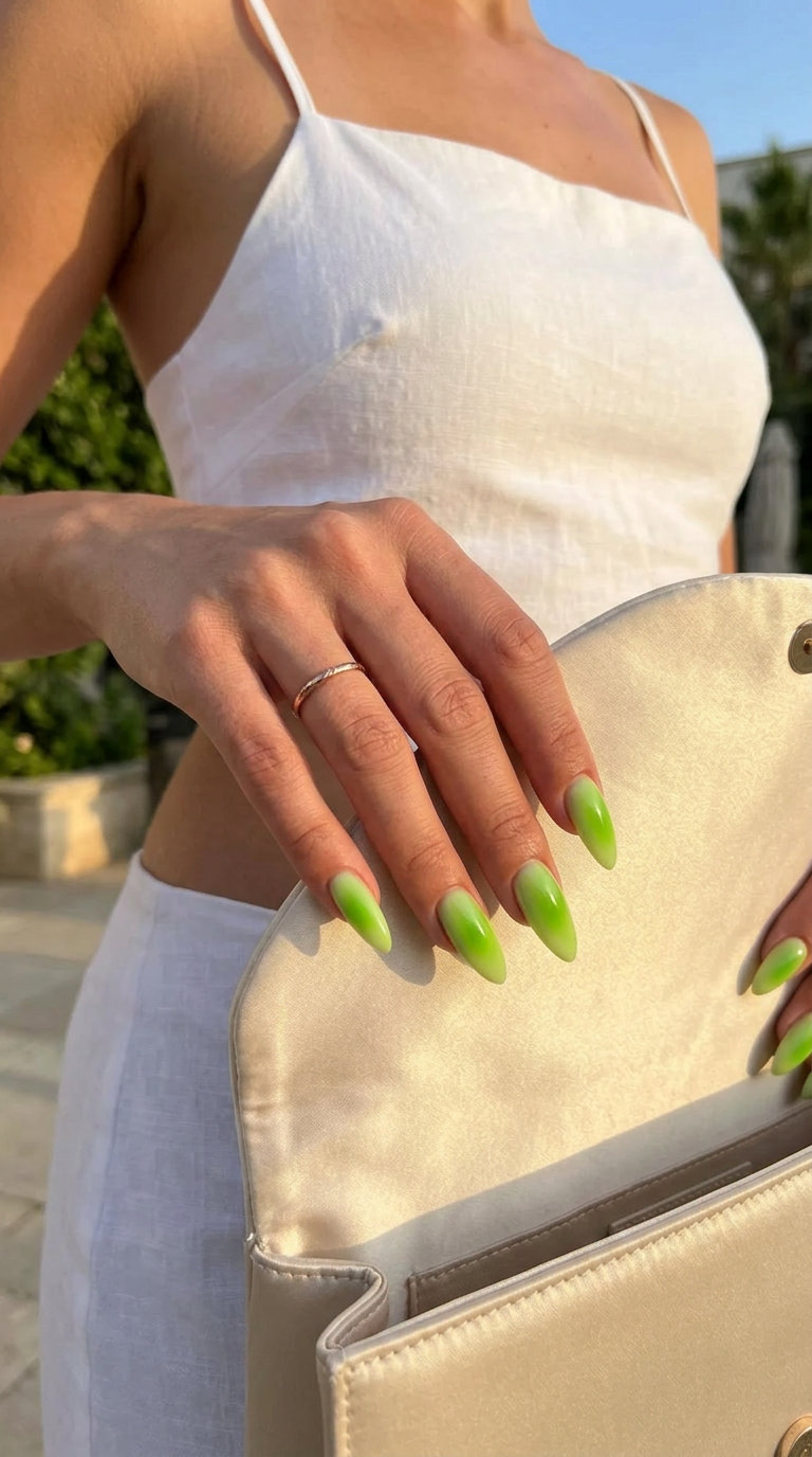 Whimsical lime green aura stiletto nails for casual weekends and vacations. Stiletto summer nails 2026.