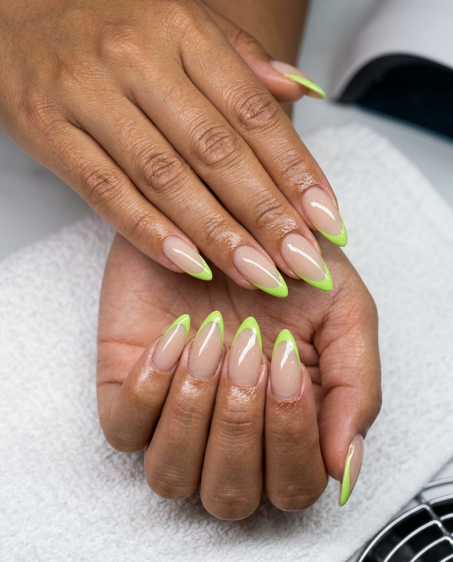 Lime Green Micro French Stiletto Chic nails for daily wear 2026. Sophisticated, modern, playful summer style.
