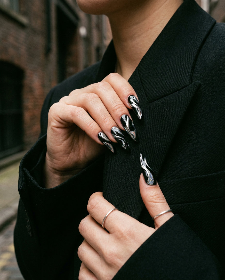 Edgy liquid metal swirl stiletto nails with silver & holographic chrome for parties and nights out. Stiletto summer nails 2026.
