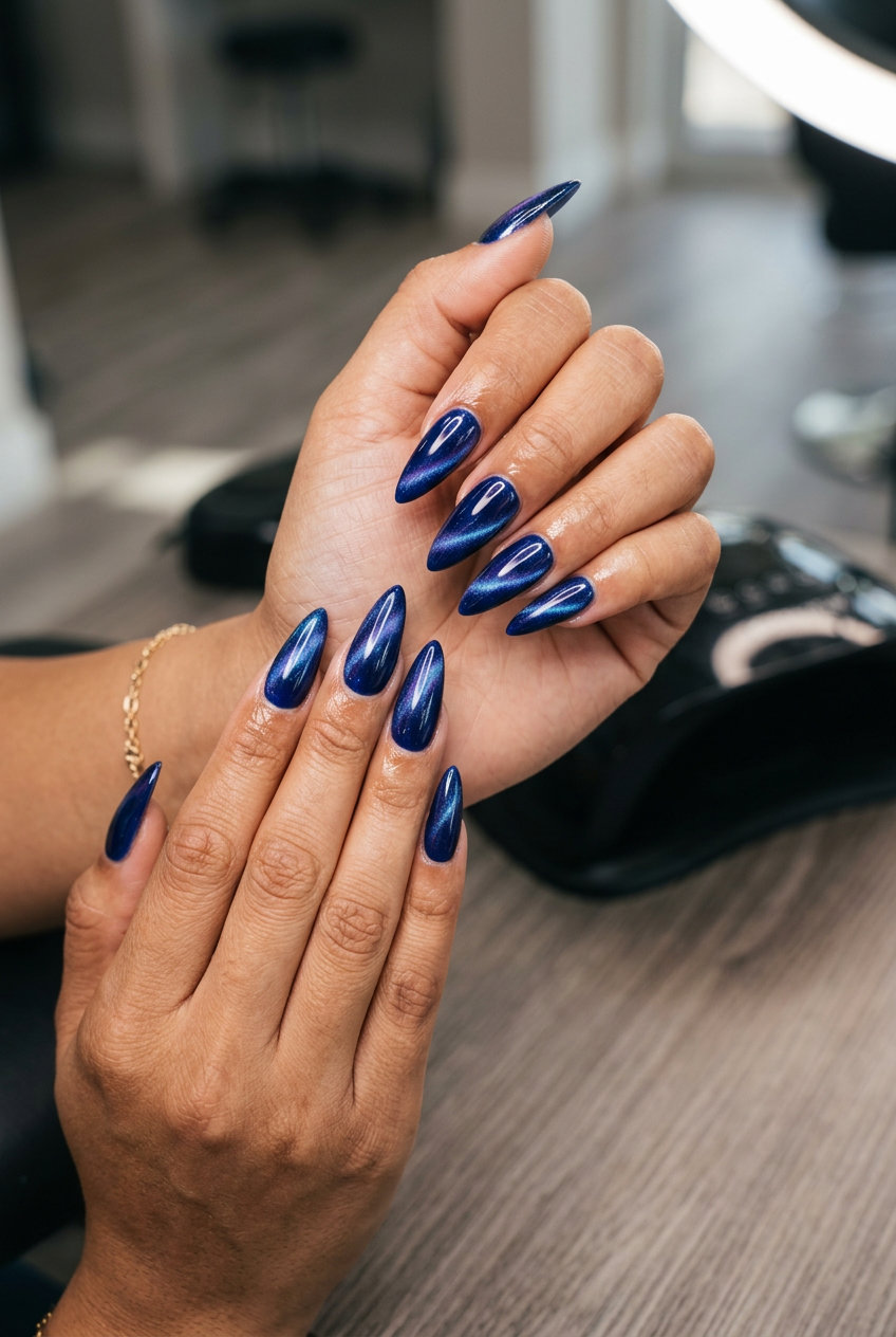 Mystic Blue Cat-Eye Stiletto nails for festivals & nights out in summer 2026.