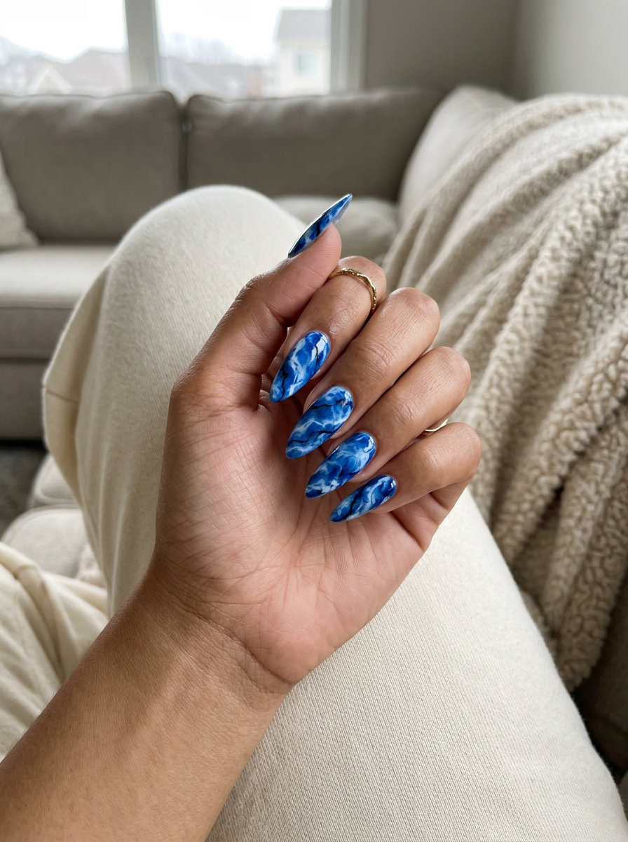Stormy Sky Marble Stiletto nails for night outs 2026. Electric blue, white, black accents, artistic & mysterious.