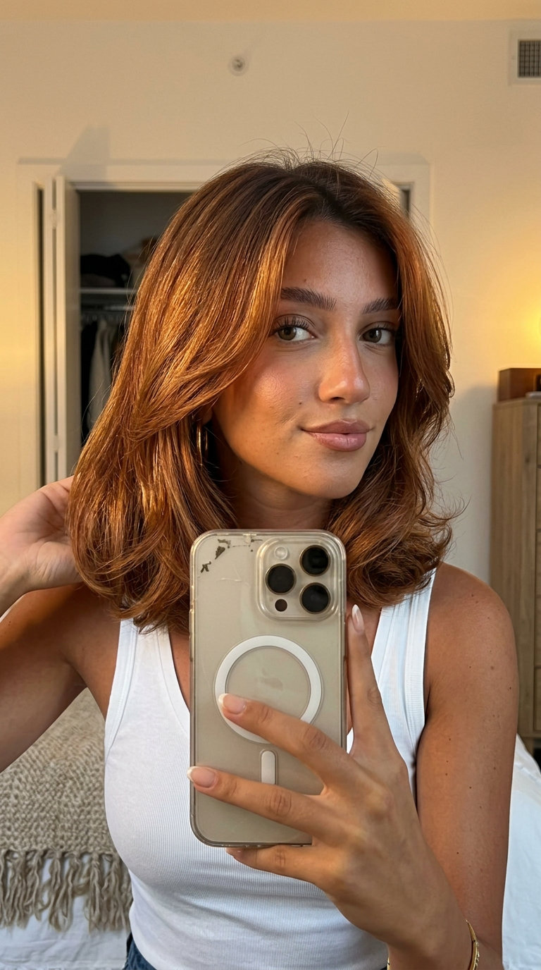long strawberry bronde haircolor with warm copper, balayage, no fringe — romantic