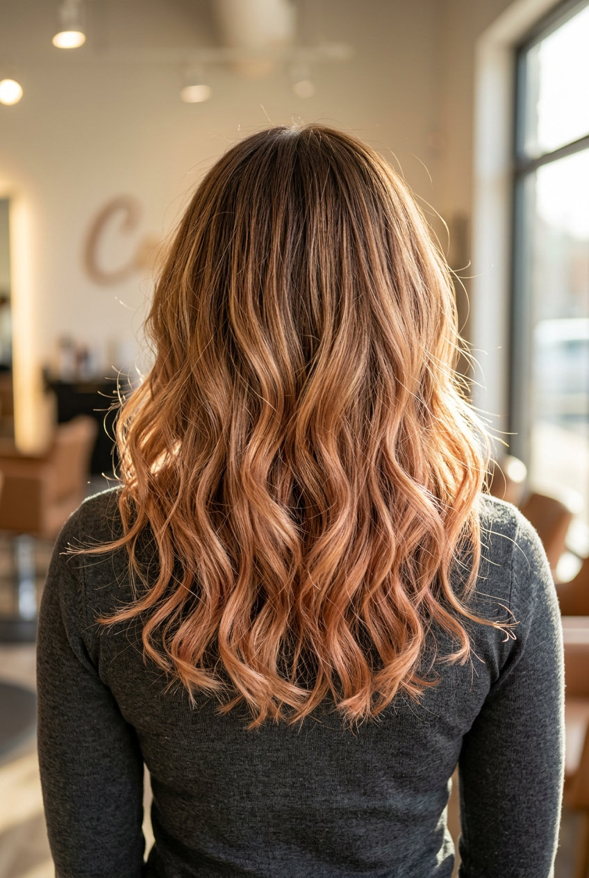 long strawberry blonde color melt highlights with honey tones, medium brunette base — romantic garden party look