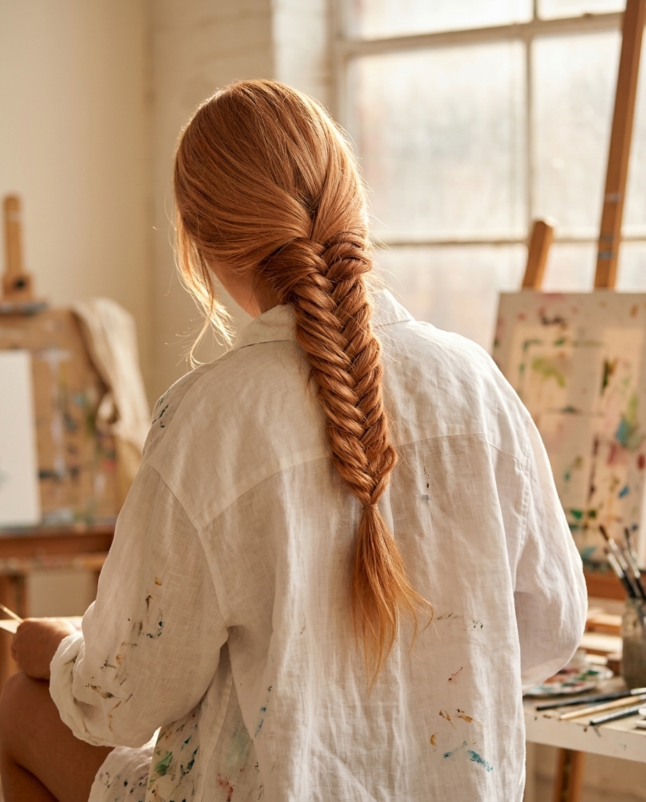 long fishtail braid hairstyle with strawberry blonde color, face-framing layers, and pancaked texture for festivals
